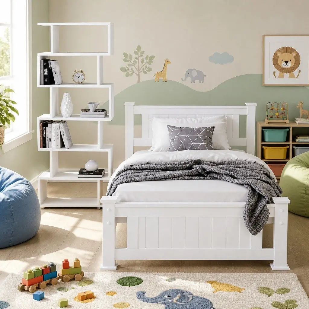 King Single Bed Frame with S-Shape Display Bookshelf Storage Bedroom Set White