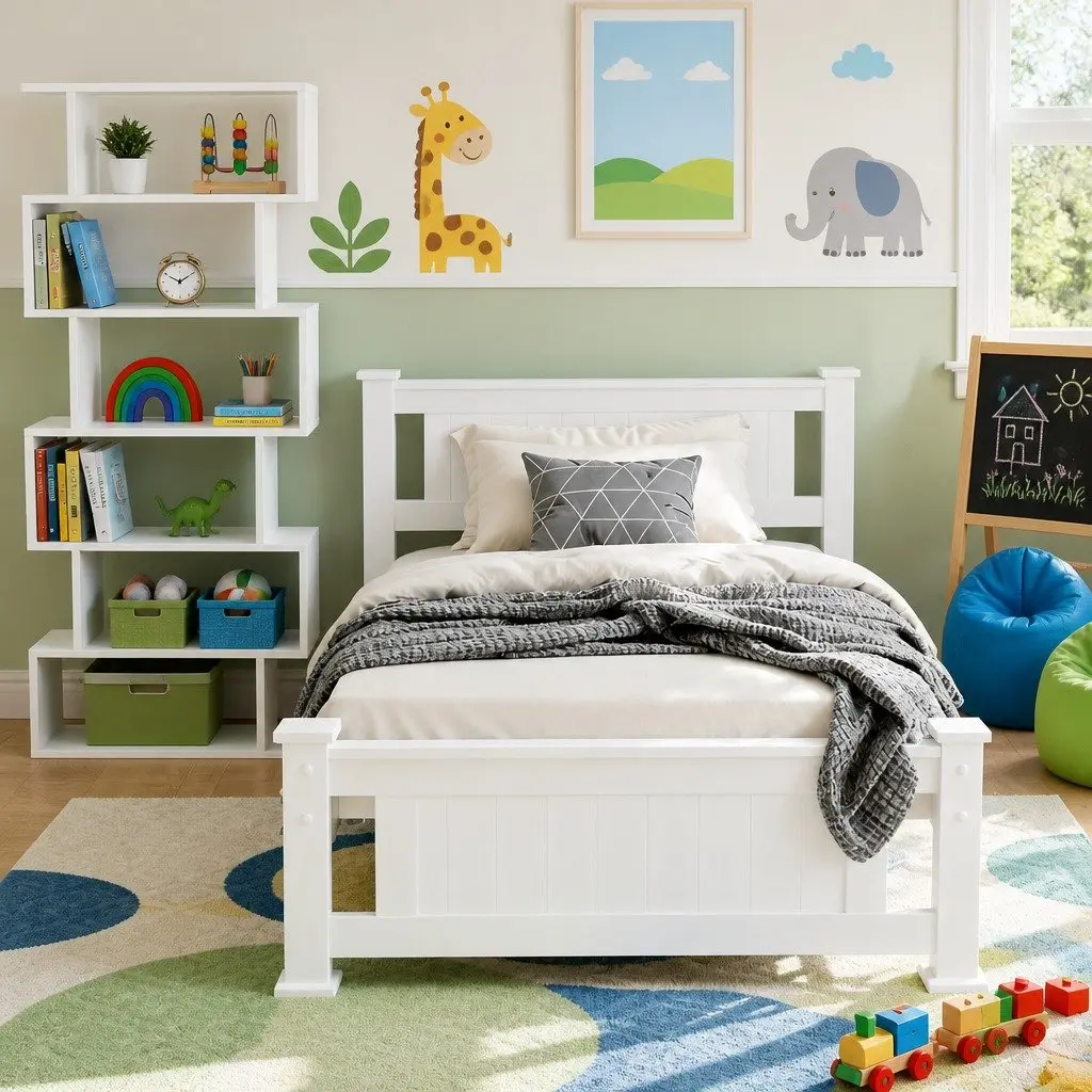 King Single Bed Frame with S-Shape Display Bookshelf Storage Bedroom Set White