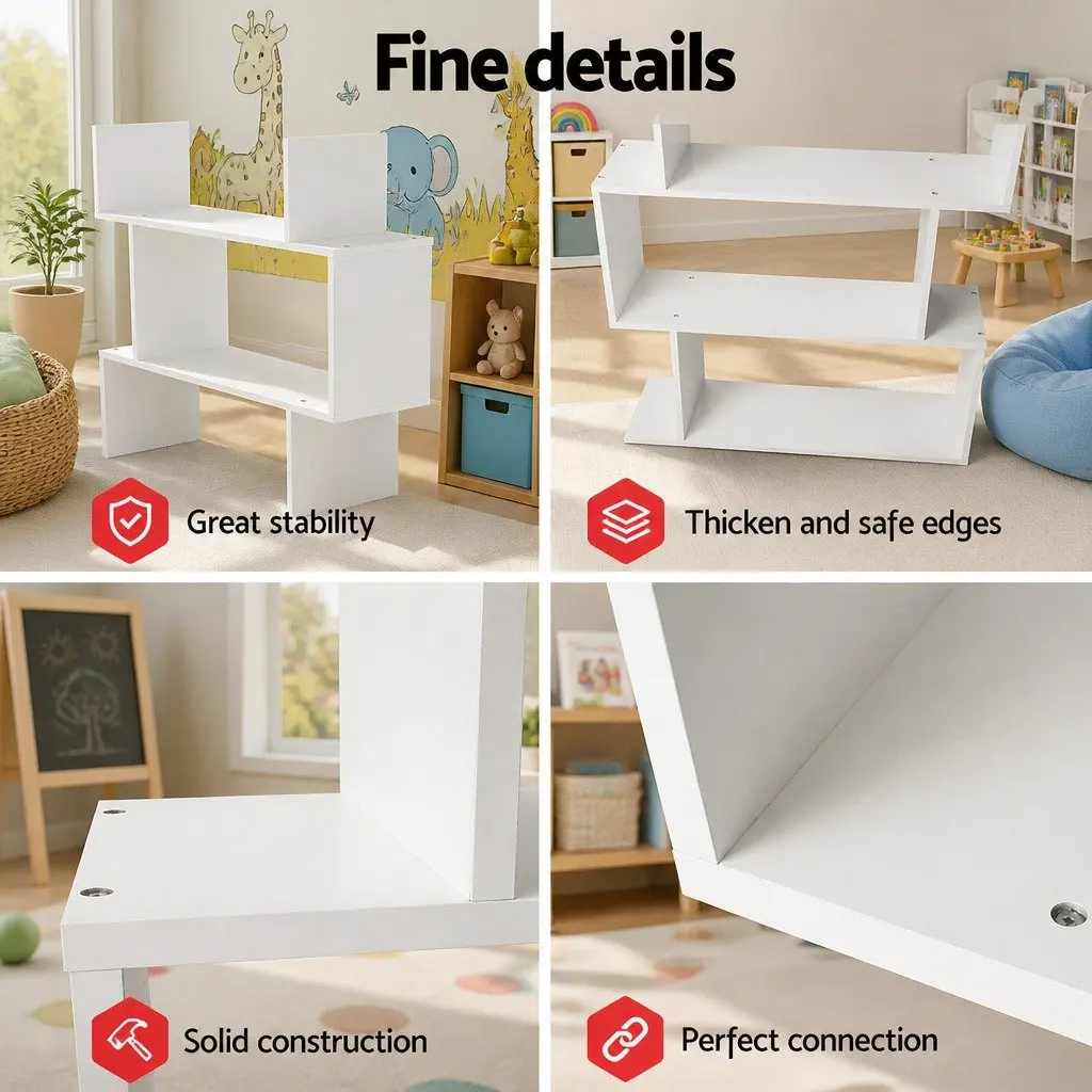 King Single Bed Frame with S-Shape Display Bookshelf Storage Bedroom Set White