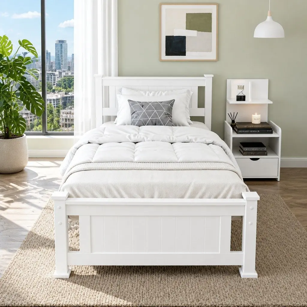 King Single Bed Frame White with Bedside Table Storage Drawer Shelf