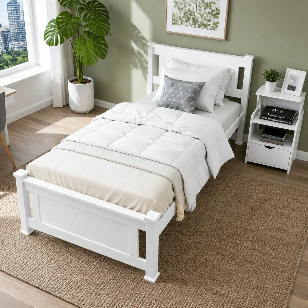 King Single Bed Frame White with Bedside Table Storage Drawer Shelf