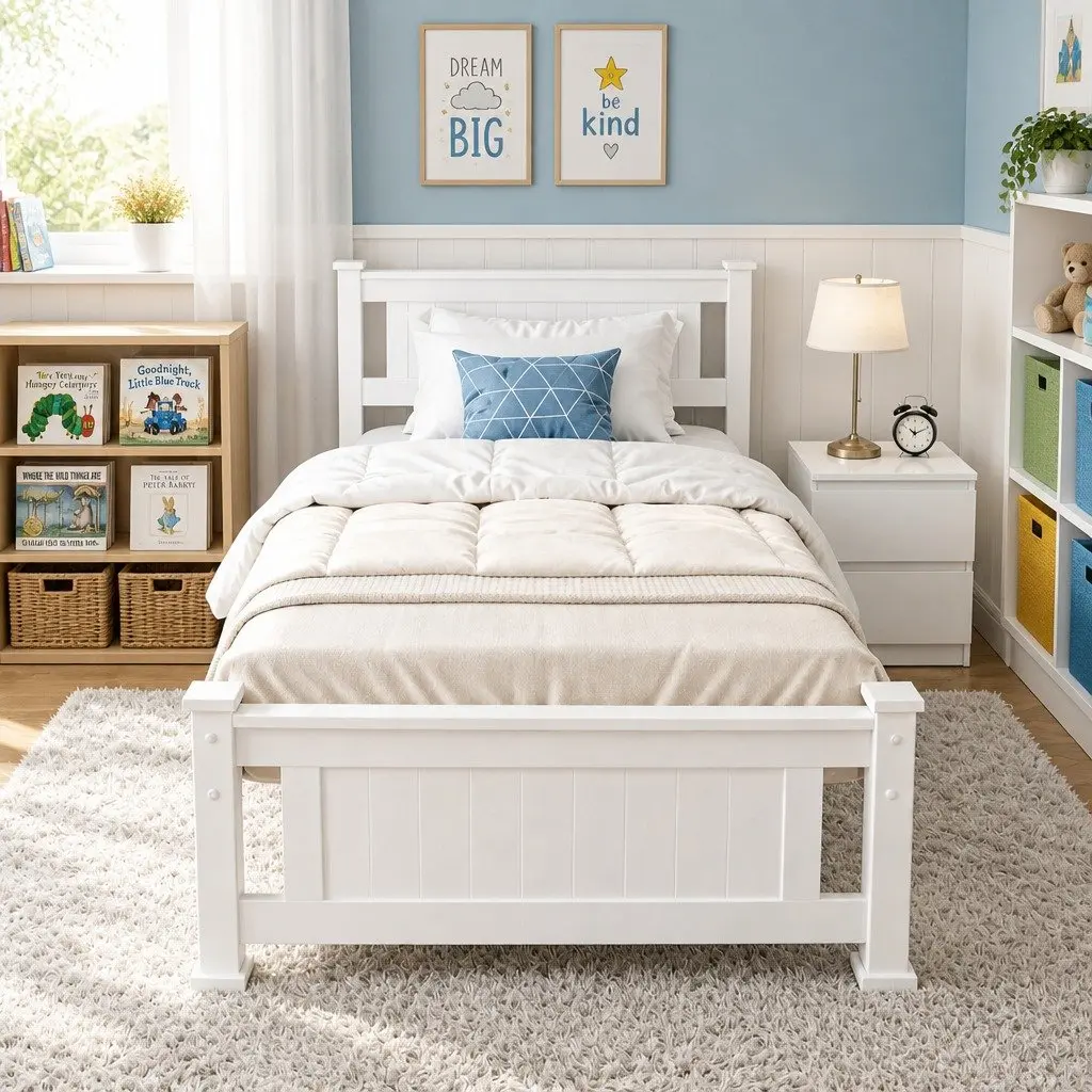 King Single Bed Frame White Wooden with Bedside Table Storage Set