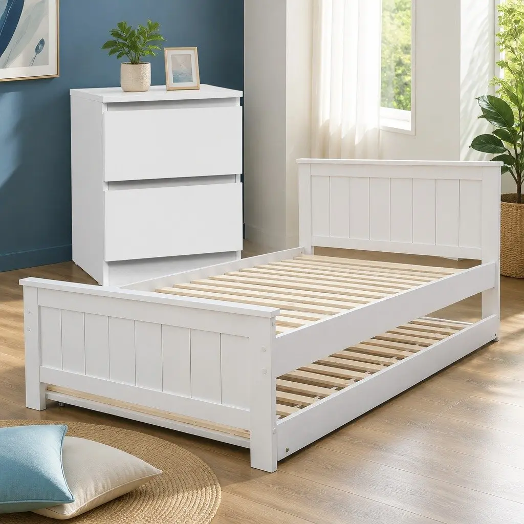 King Single Bed Frame White with Pull-Out Trundle and Bedside Table Storage