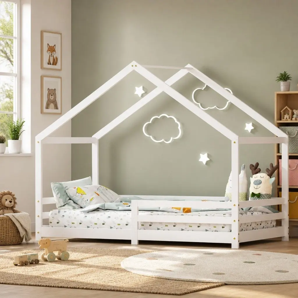 Kids House Bed Frame Single White Wooden Bedroom Furniture for Children