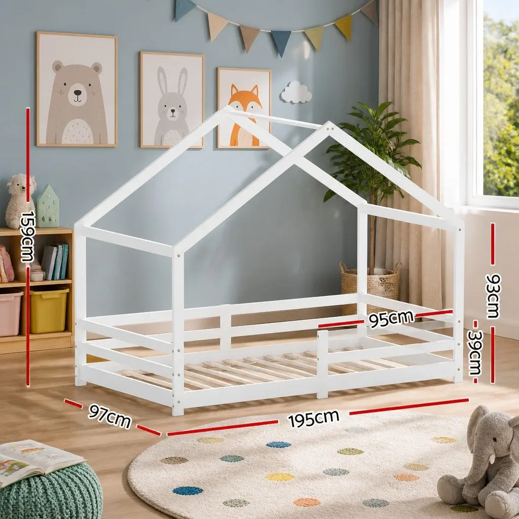 Kids House Bed Frame Single White Wooden Bedroom Furniture for Children