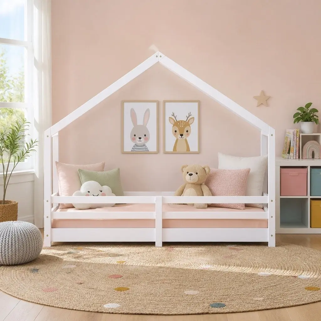 Kids House Bed Frame Single White Wooden Bedroom Furniture for Children