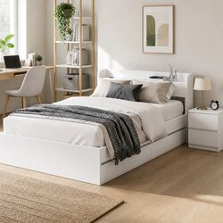Single Bed Frame with Bedside Table Storage White Wooden Bedroom Set USB