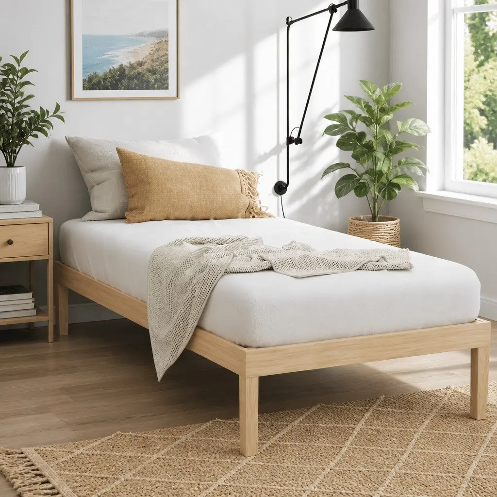 Single Bed Frame Pine Colour Wooden Base Slatted Easy Assembly