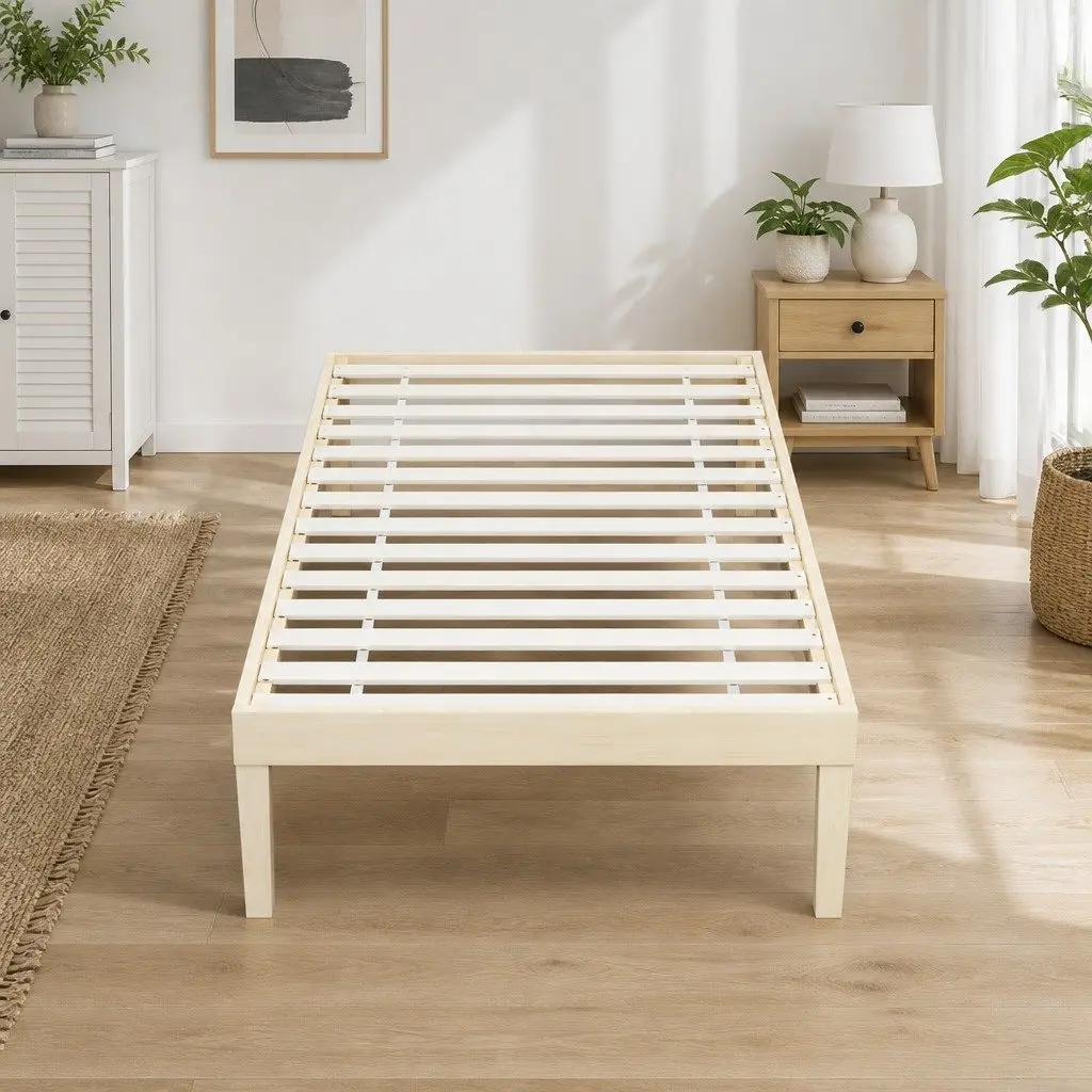 Single Bed Frame Pine Colour Wooden Base Slatted Easy Assembly