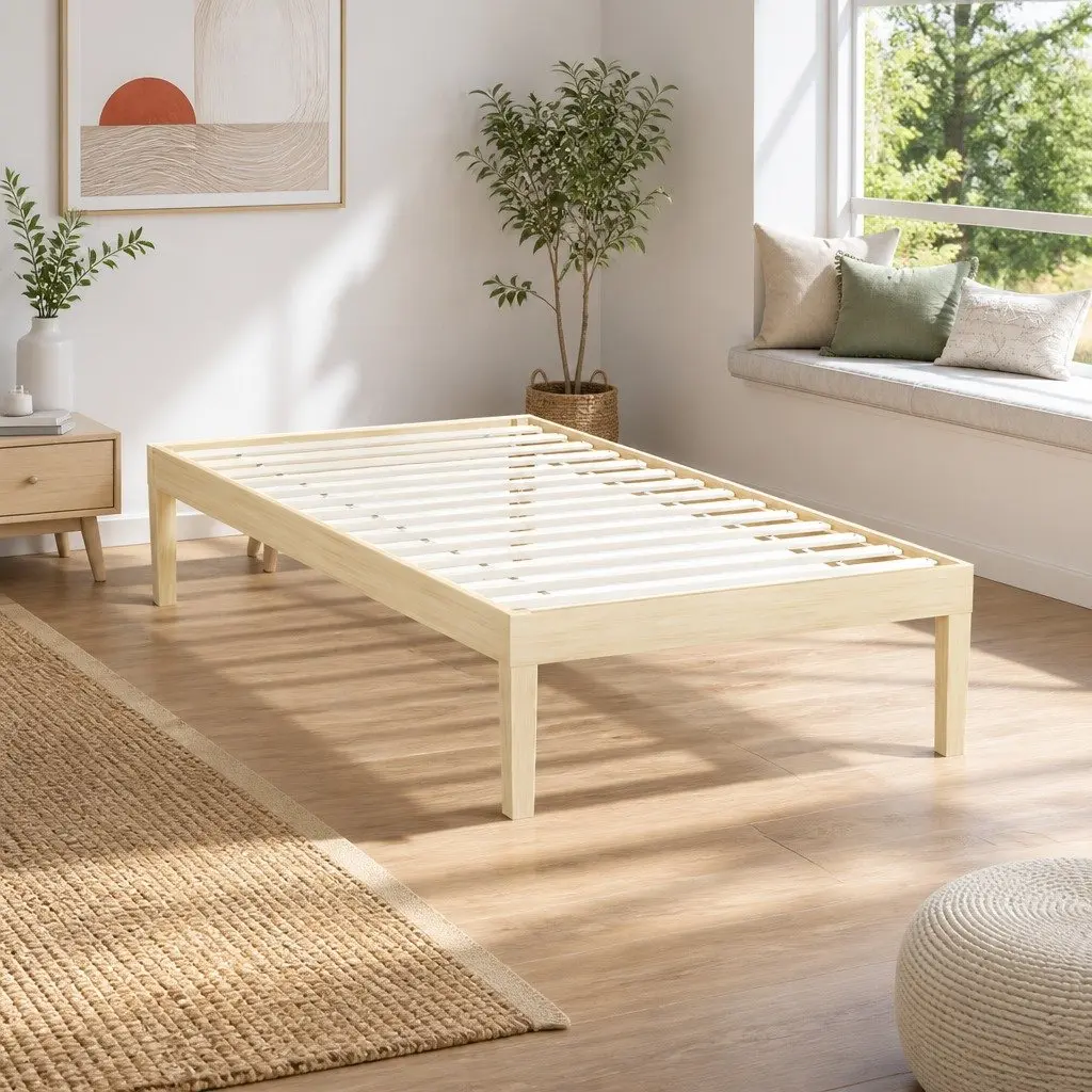 Single Bed Frame Pine Colour Wooden Base Slatted Easy Assembly