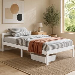 King Single Bed Frame White Wooden Slat Base Headboard Storage Compatible
