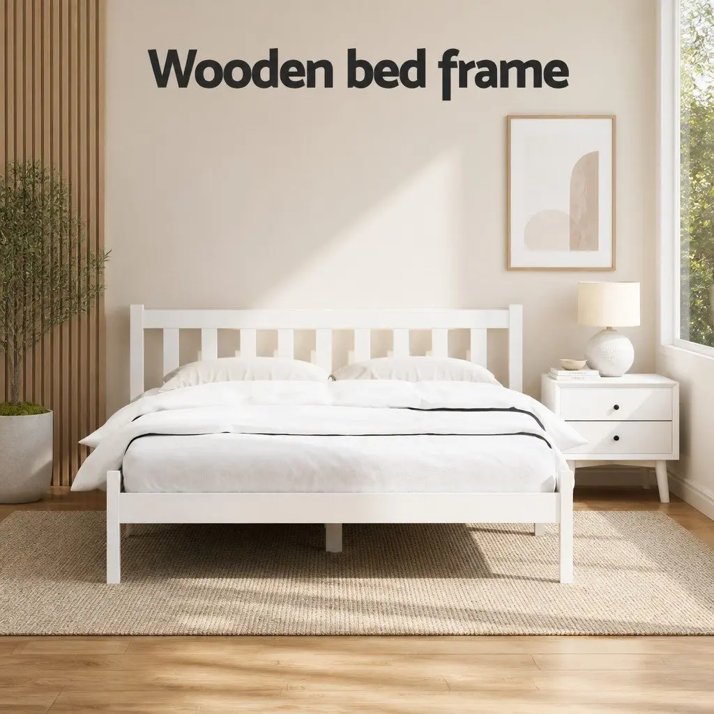 Double Bed Frame White Wooden 198cm x 145cm Headboard Solid Pine Slat Base