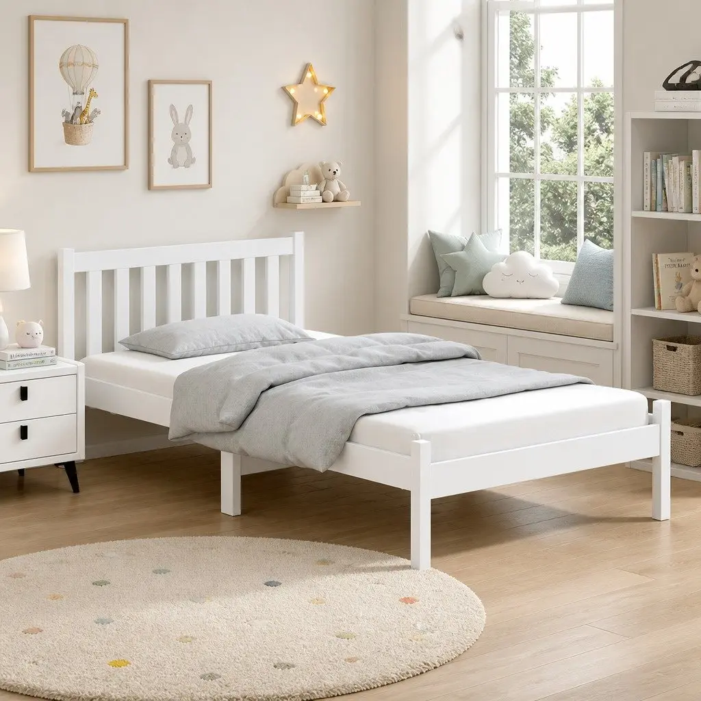 King Single Bed Frame White Wooden Pine Timber Bedroom Bed Base with Headboard