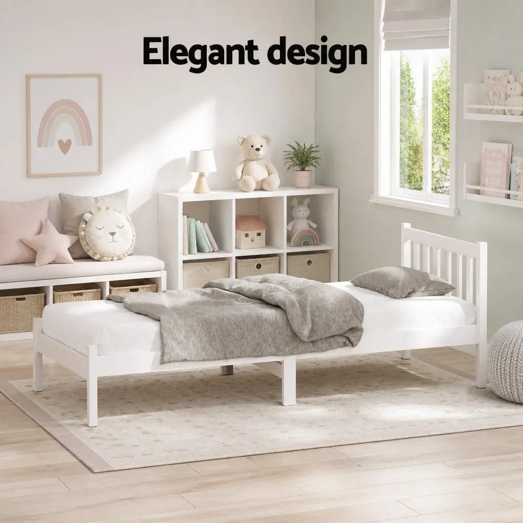King Single Bed Frame White Wooden Pine Timber Bedroom Bed Base with Headboard
