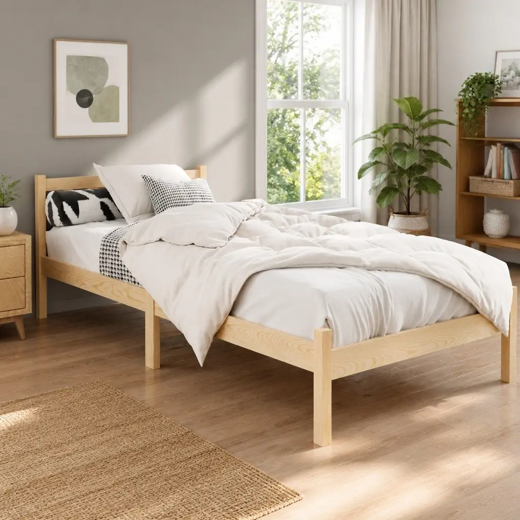 Single Bed Frame Oak Solid Pine Wood with Storage Headboard