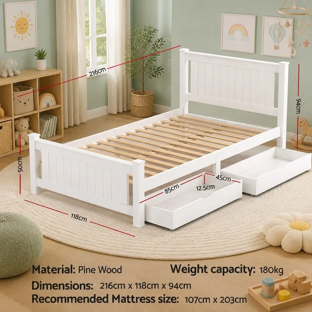 Wooden Bed Frame King Single Size Platform with 2 Storage Drawers White