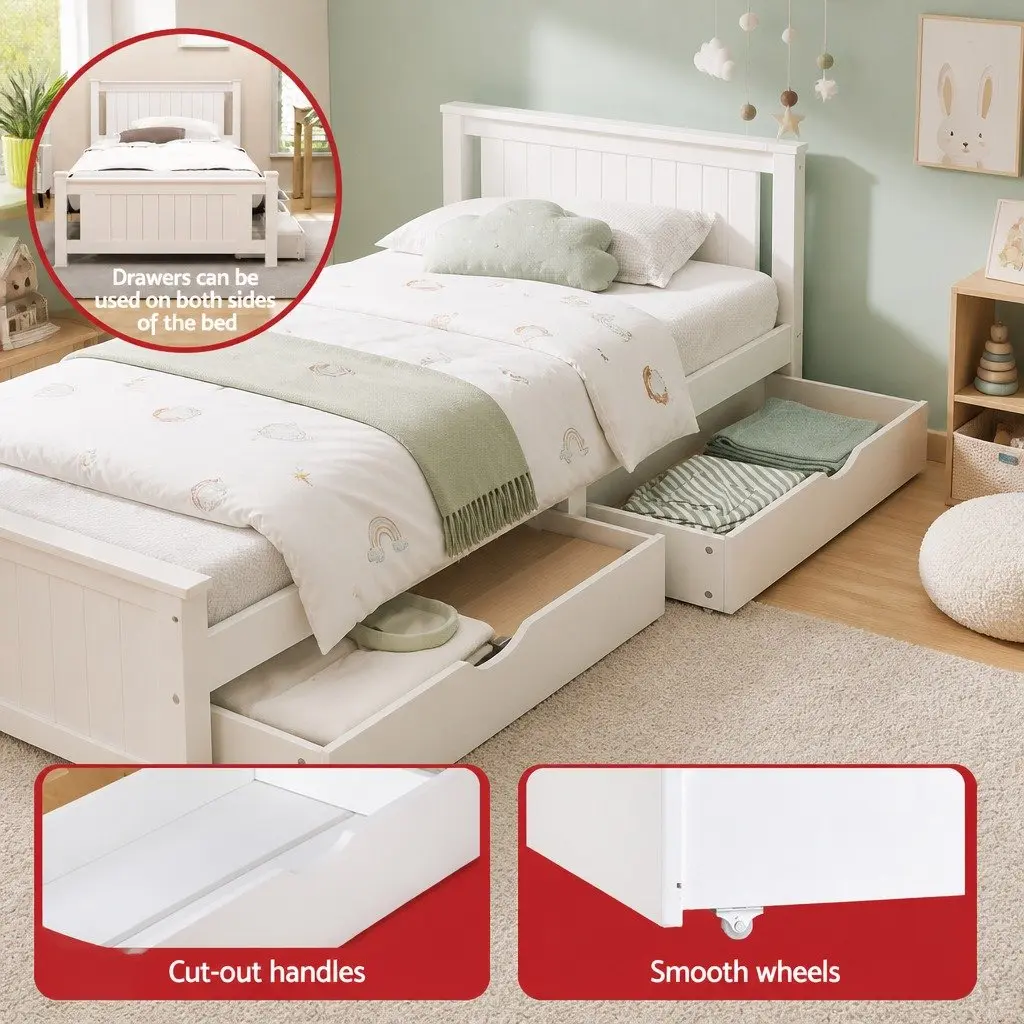 Wooden Bed Frame King Single Size Platform with 2 Storage Drawers White