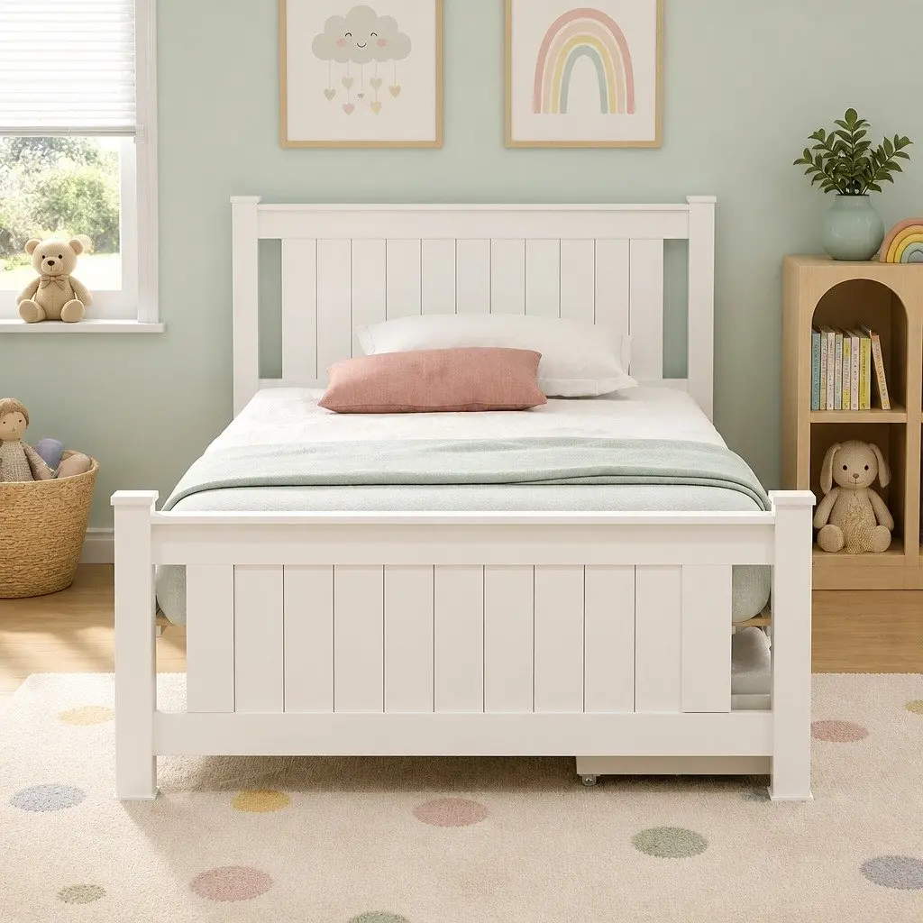 Wooden Bed Frame King Single Size Platform with 2 Storage Drawers White