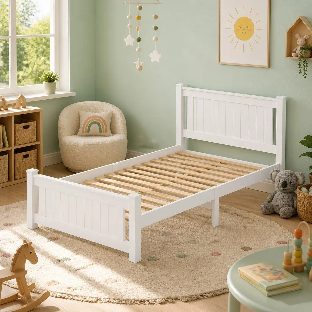 Wooden Bed Frame King Single Size Platform with 2 Storage Drawers White