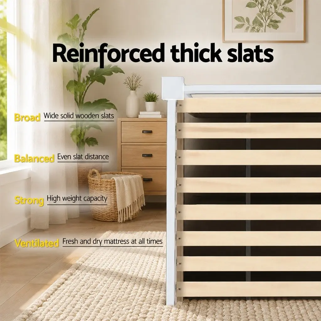 King Single Bed Frame White Pine Wood with Headboard and Slat Base