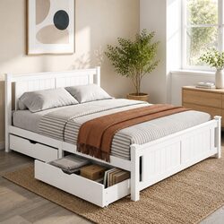 Queen Bed Frame: Simple and Sturdy with Storage Drawers