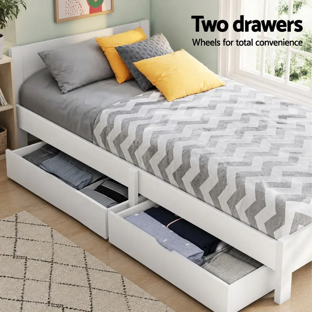 Single Bed Frame Wooden with 2 Storage Drawers White Slat Base Kids Adult