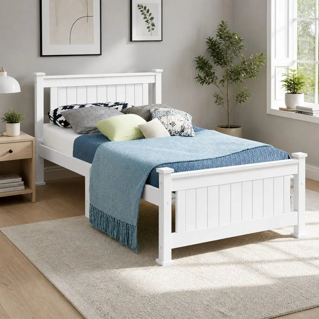 Single Bed Frame White Pine Timber with Headboard Standard Australian Size