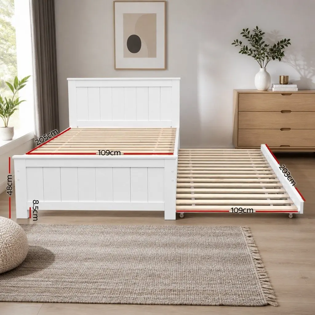 Wooden Trundle Daybed White King Single Pull-Out Guest Bed Frame Solid Pine