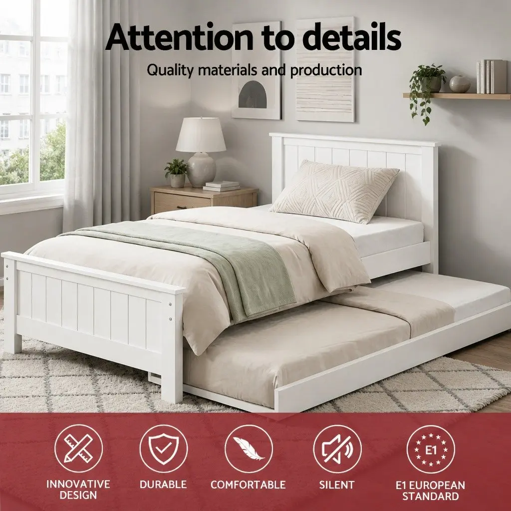 Wooden Trundle Daybed White King Single Pull-Out Guest Bed Frame Solid Pine