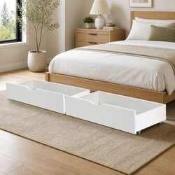 Bed Frame Storage Drawers Trundle Set White Wooden Underbed Drawers with Castors