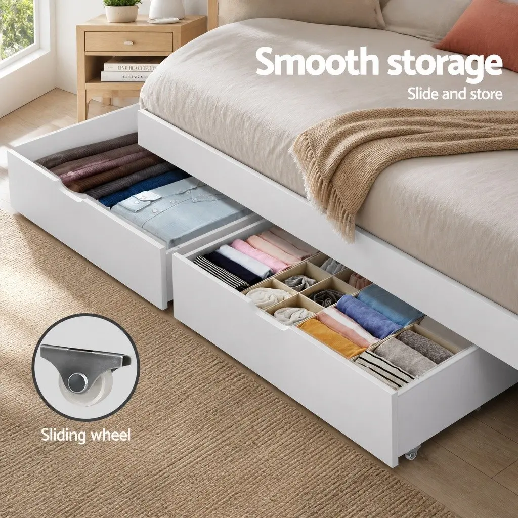 Bed Frame Trundle Drawers White Wooden 2 Piece Underbed Storage with Castors