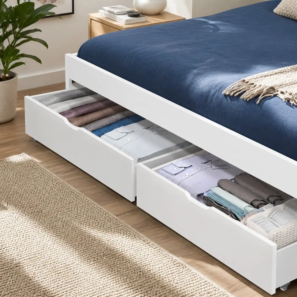 Bed Frame Trundle Drawers White Wooden 2 Piece Underbed Storage with Castors