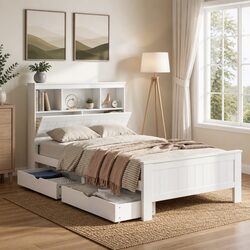 King Single Bed Frame Wooden Storage Drawers White Headboard Shelves