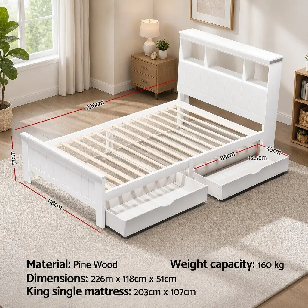 Wooden Bed Frame White King Single Size Storage Drawers Headboard Shelves
