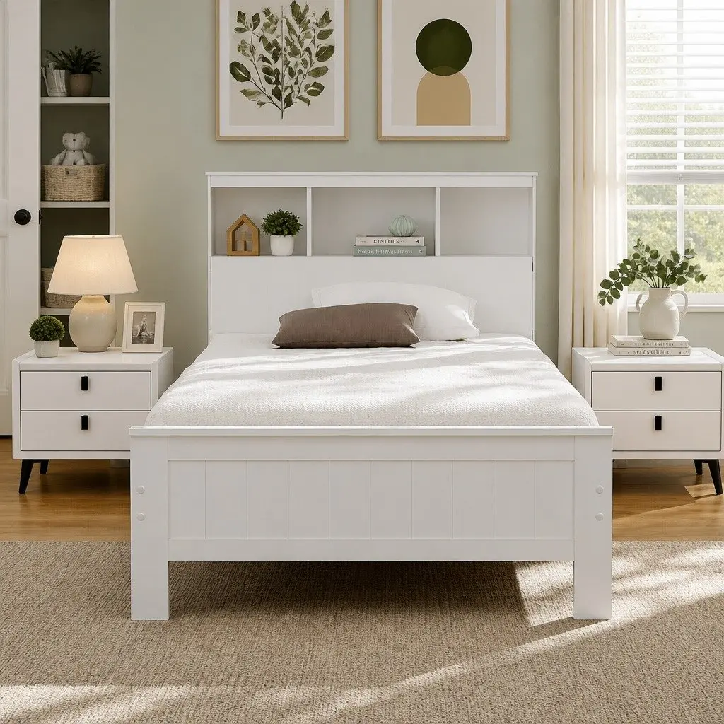 Wooden Bed Frame White King Single Size Storage Drawers Headboard Shelves