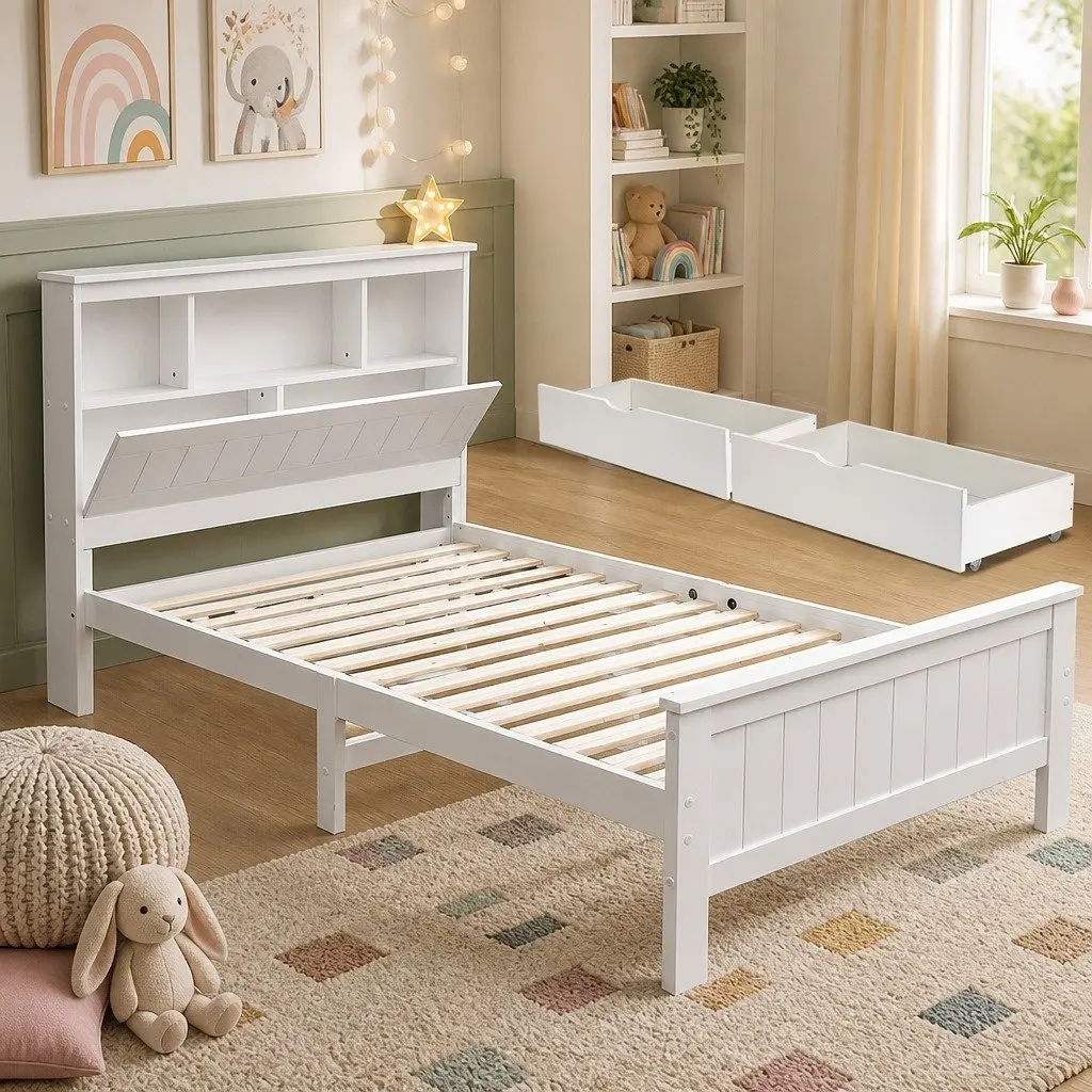 Wooden Bed Frame White King Single Size Storage Drawers Headboard Shelves