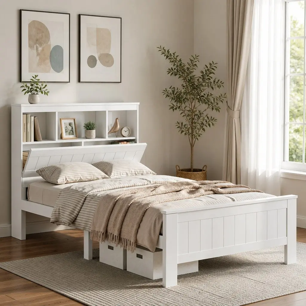 Bed Frame King Single Size Wooden with 3 Shelves Storage Bed Head White