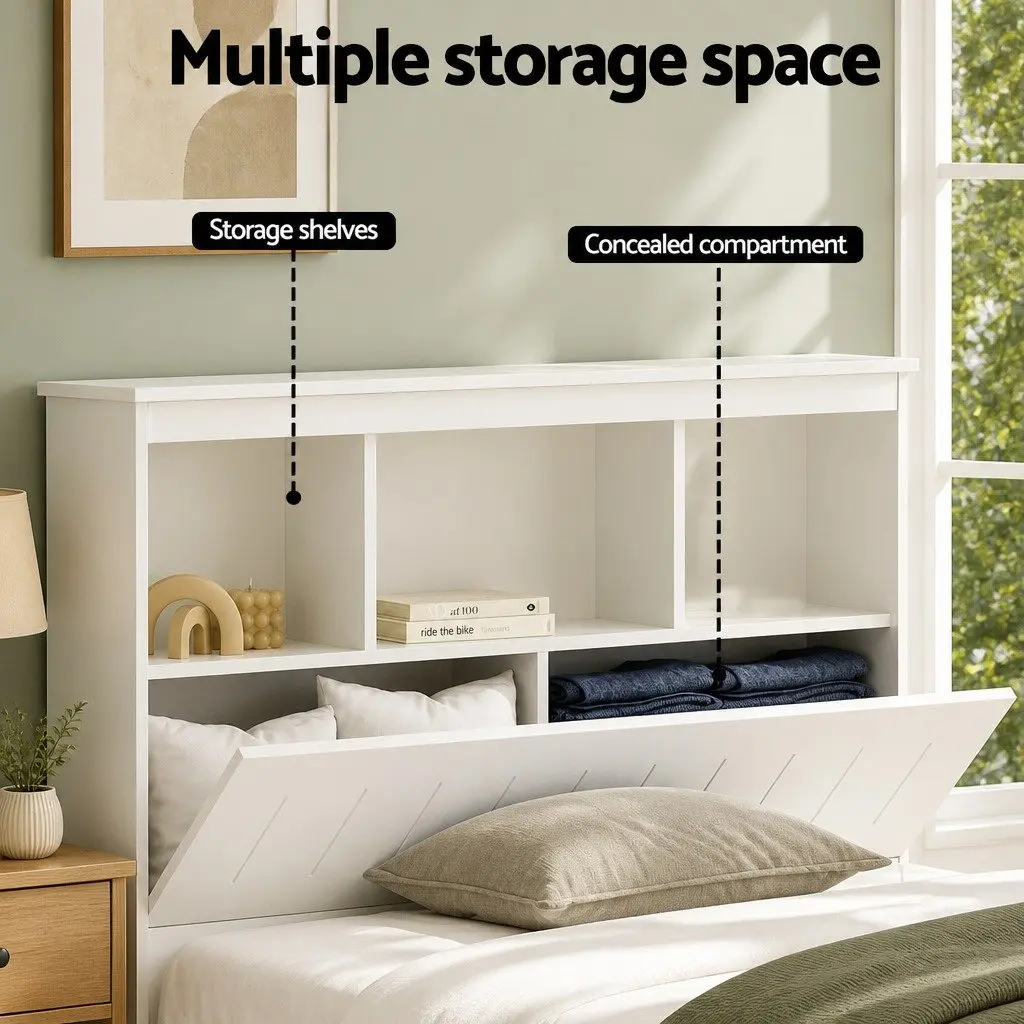 Wooden Bed Frame White King Single Size with 3 Shelves Storage Bed Head