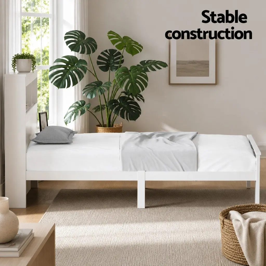 Wooden Bed Frame White King Single Size with 3 Shelves Storage Bed Head