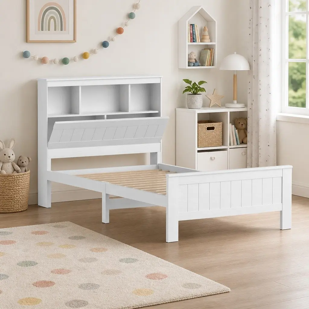 Wooden Bed Frame White King Single Size with 3 Shelves Storage Bed Head