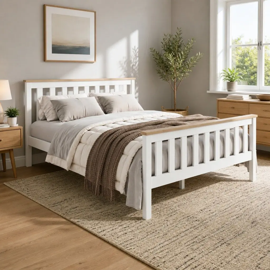 Double Bed Frame Wooden White Pony Slat Base Australian Mattress