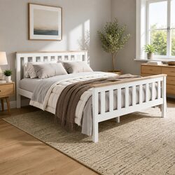 Double Bed Frame Wooden White Pony Slat Base Australian Mattress