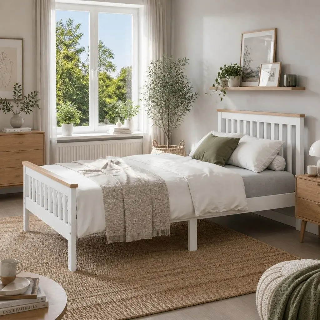 Double Bed Frame Wooden White Pony Slat Base Australian Mattress