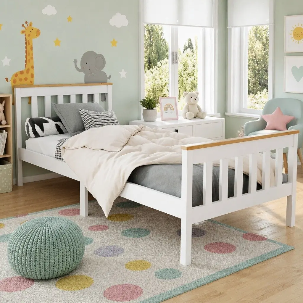 Single Bed Frame White Pine Wood Solid Construction Slat Support