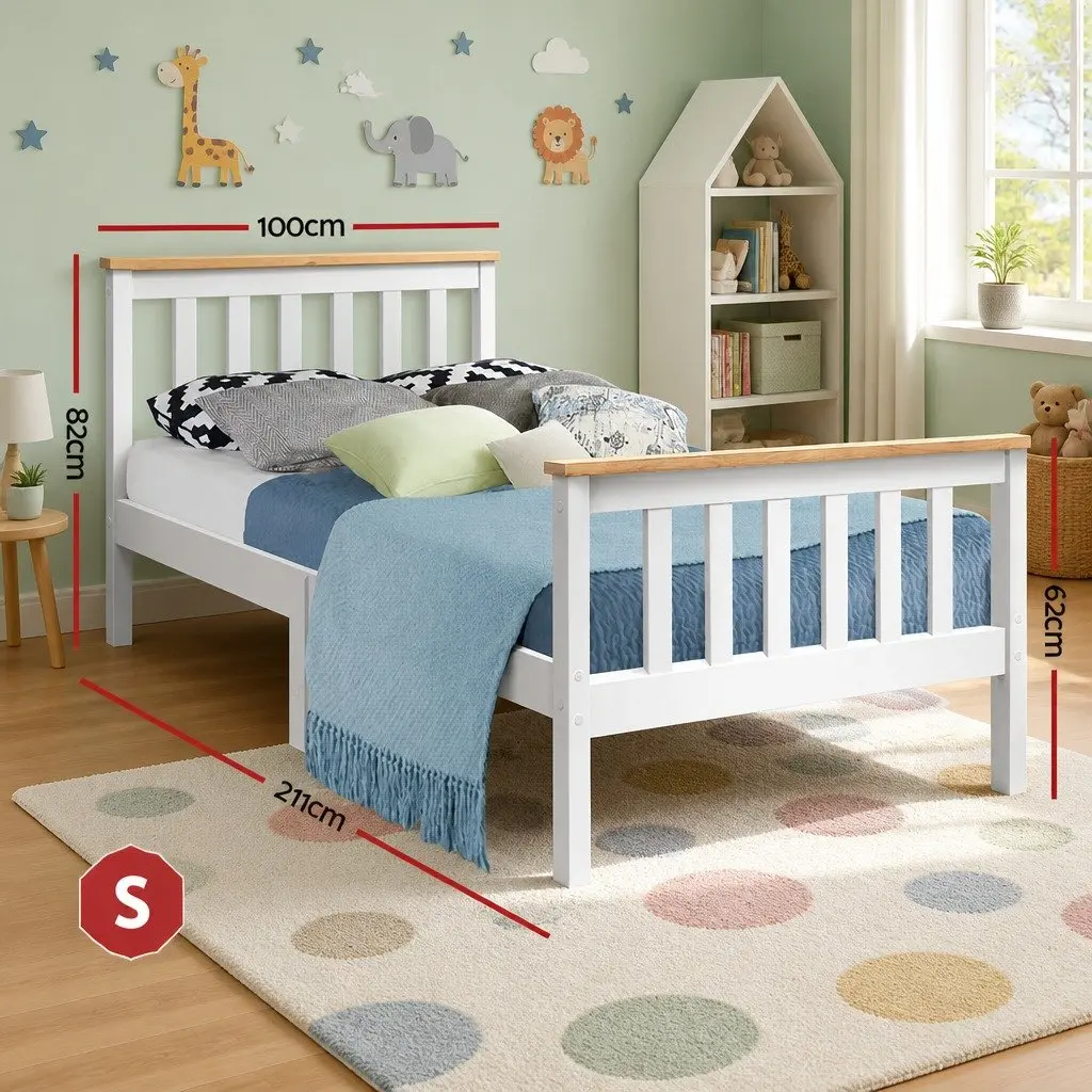 Single Bed Frame White Pine Wood Solid Construction Slat Support