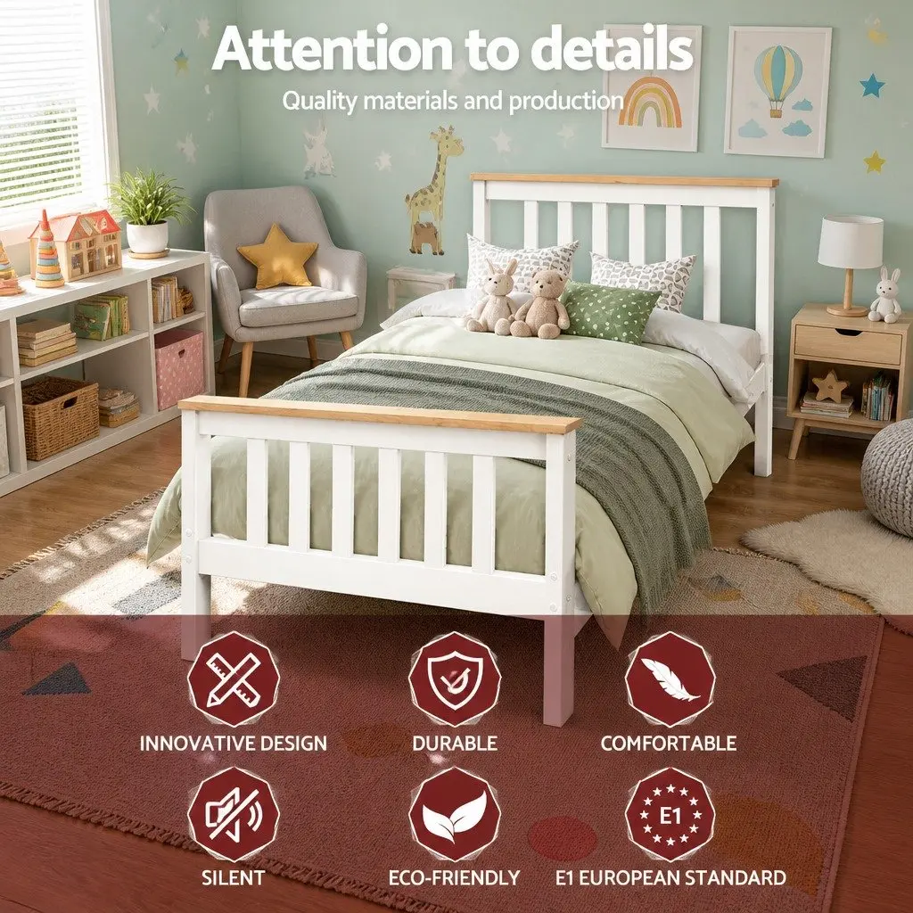 Single Bed Frame White Pine Wood Solid Construction Slat Support