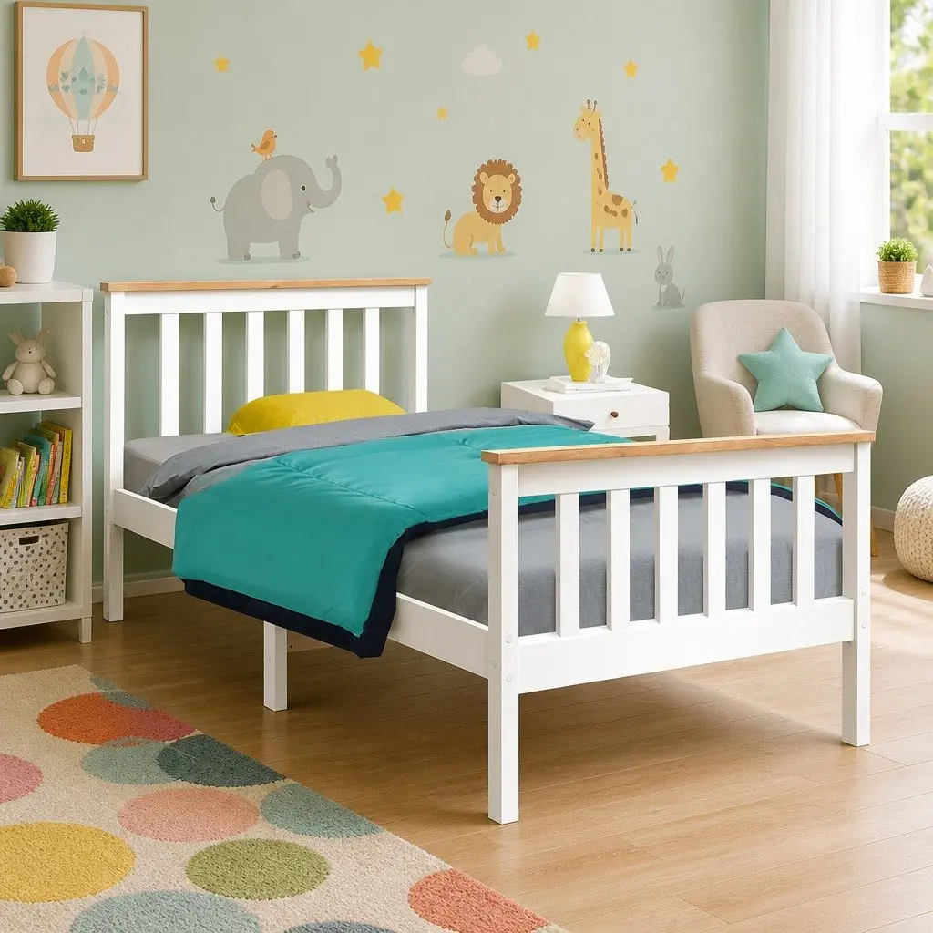 Single Bed Frame White Pine Wood Solid Construction Slat Support