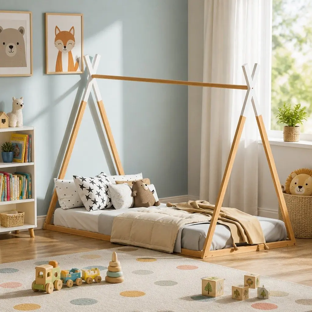 Kids House Bed Frame Single Wooden Bedroom Furniture Pine Construction Oak White