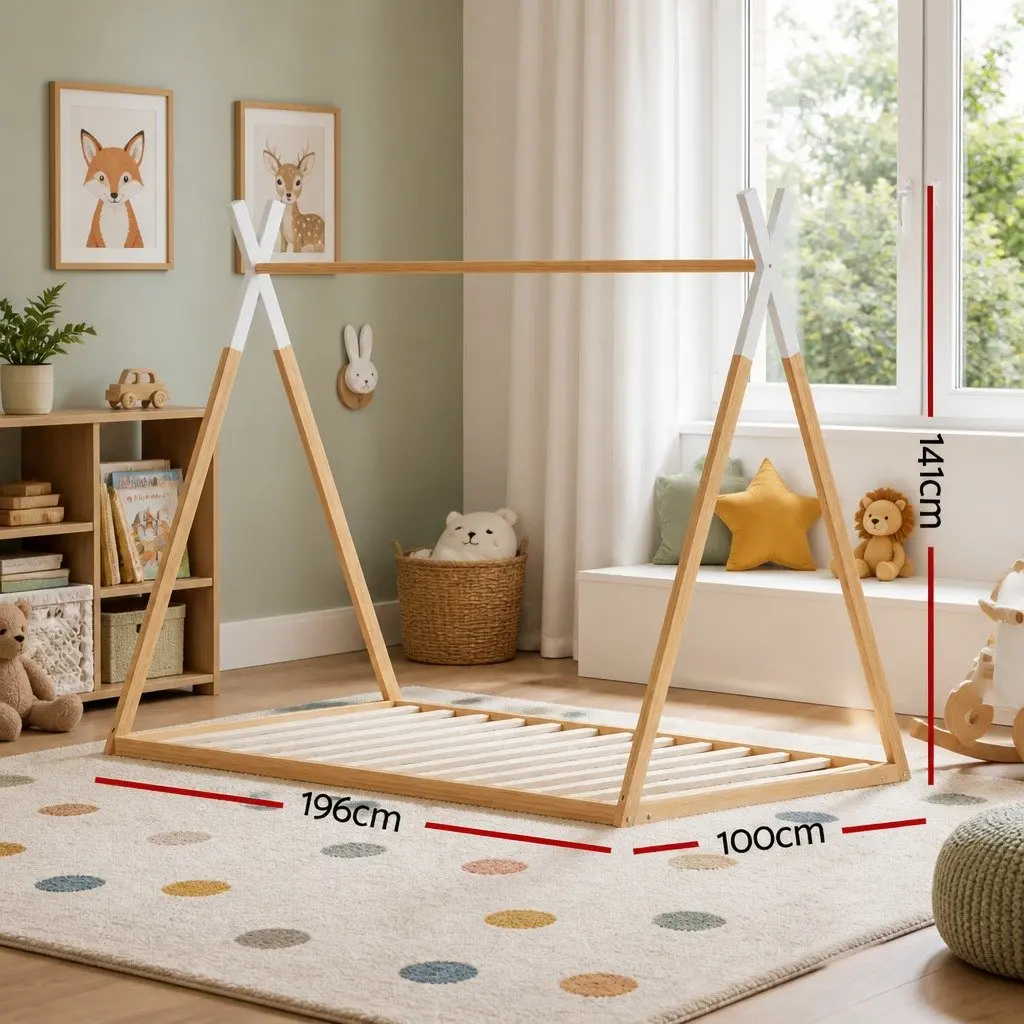 Kids House Bed Frame Single Wooden Bedroom Furniture Pine Construction Oak White