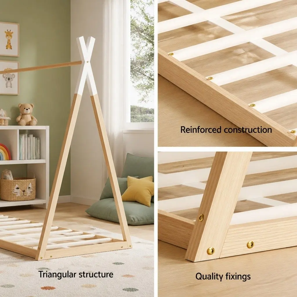 Kids House Bed Frame Single Wooden Bedroom Furniture Pine Construction Oak White